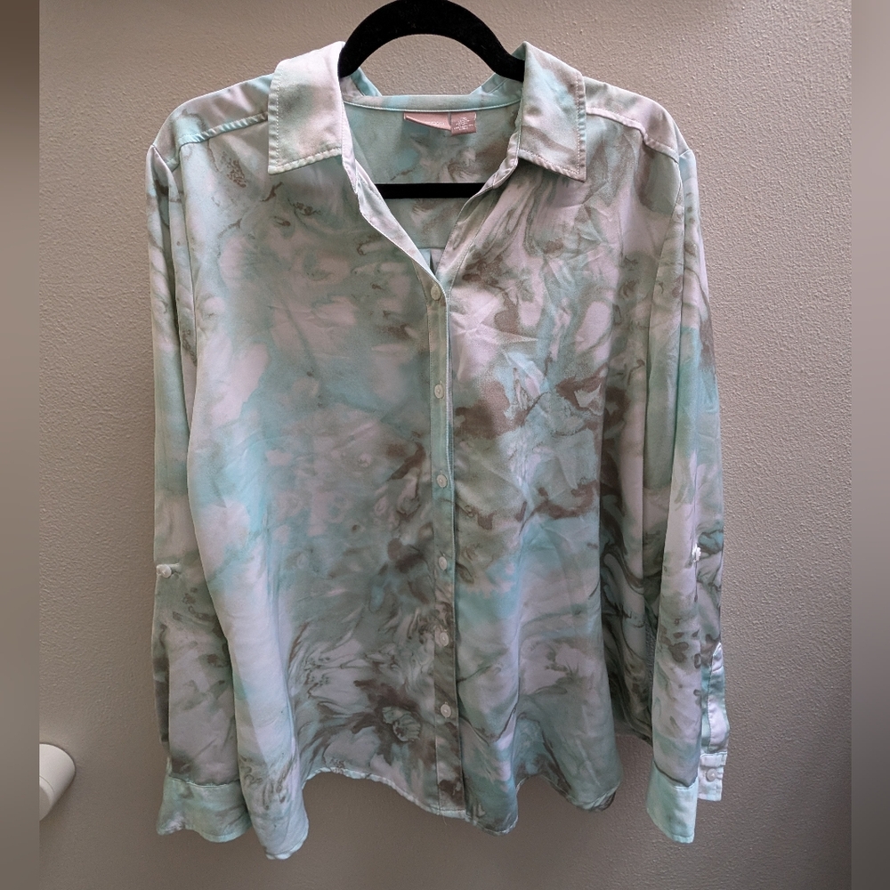 Stylish Aqua and Brown Marble Button Up Shirt